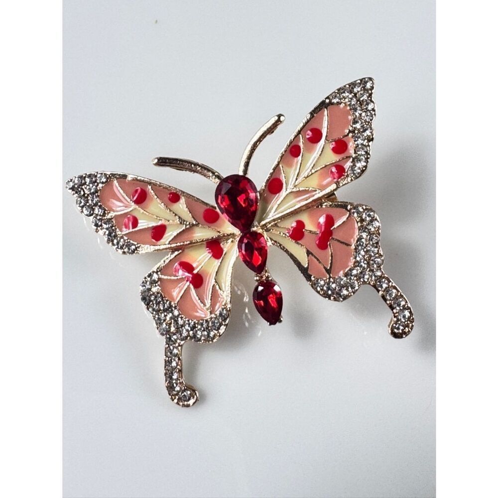 Rhinestone & Enamel Butterfly Brooch with Red Accents